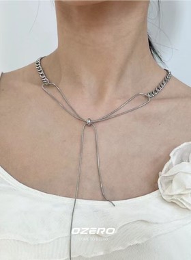简约百搭韩系清冷感银色可调节蝴蝶结项链小众设计辣妹流苏锁骨链