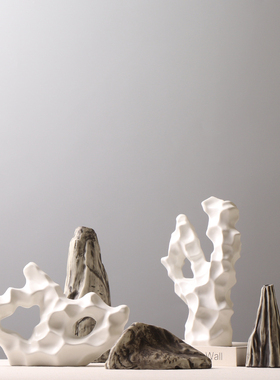 装饰摆件茶室哑光白色假山插花