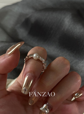 FANZAO碎银子珍珠戒指s925纯银女小众设计感时尚个性食指戒可调节