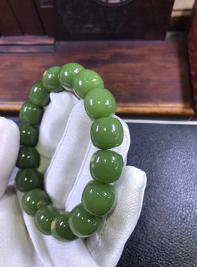 纯天然正品和田玉析木绿河磨玉椴树林13x14老形珠手串手链78克