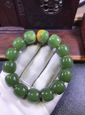和田玉东北籽料析木绿河磨玉15x16老形手链103克厂家直销定制定做