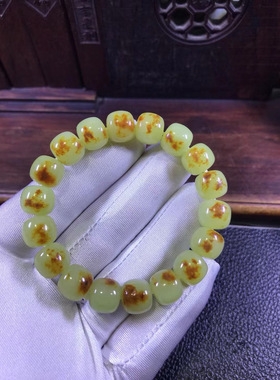 黄白老玉河磨玉籽料粒粒带皮手链41克厂家直销定制定做东北籽料