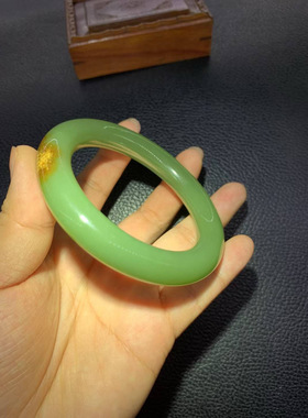 和田玉析木河磨玉黄绿肉虎皮圆条手镯重66克.56+口径送礼物