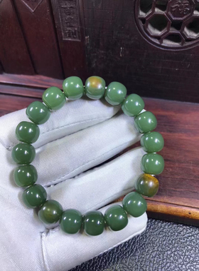 析木河磨玉天然带皮东北籽料河磨玉和田玉手链手串绿色大漏带皮