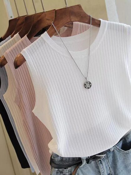 Summer New round Neck Vest Women's Wide Shoulder Strap Easiest for Match Ice Silk Thin Inner Match Sleeveless Knitting Pure Color Outerwear Top