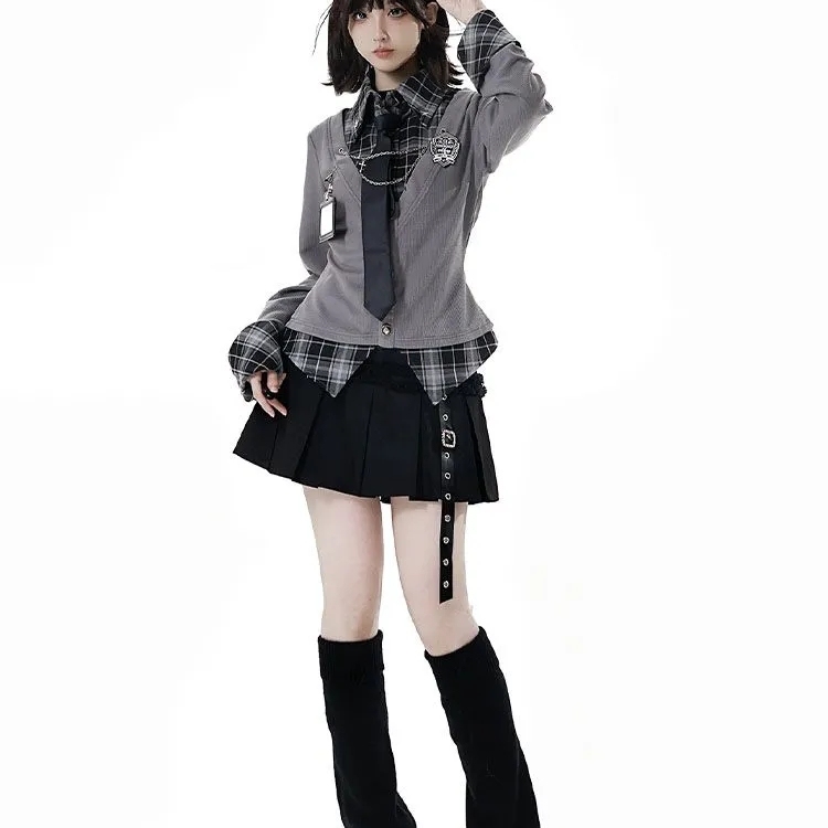 风吟雪【失序札记】学院卷边衬衫格纹袖收腰针织工字褶半裙 - 图3