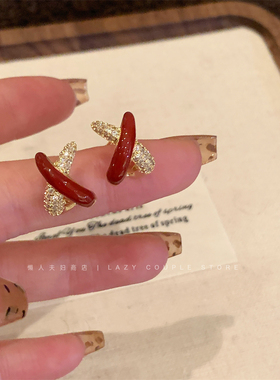 法式复古红色滴釉锆石交叉耳环女小众设计感独特轻奢耳饰气质耳钉