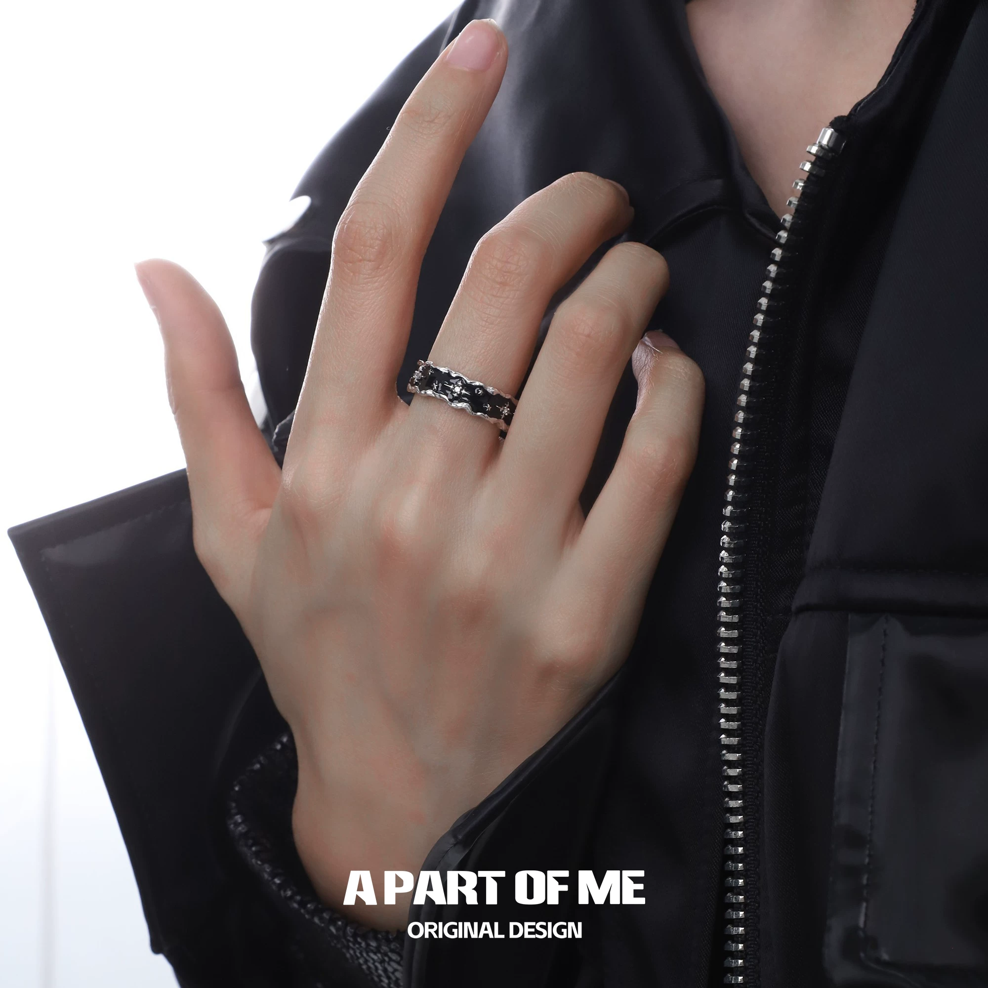 Small design black ring, silver 925 sample, high-quality style, for beloved