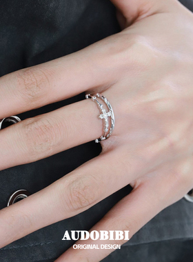 小众设计纯银十字架锆石戒指细