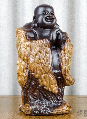 黑檀实木雕刻弥勒佛摆件恭喜