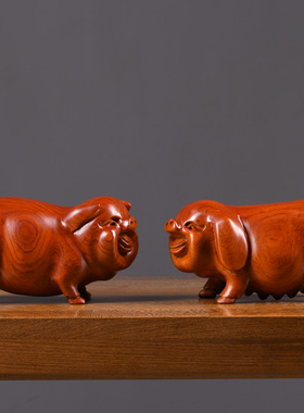 对猪十二生肖动物家居黄花梨木雕
