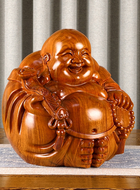 花梨木雕弥勒佛像摆件如意坐莲笑佛实木质雕刻家居玄关客厅工艺品