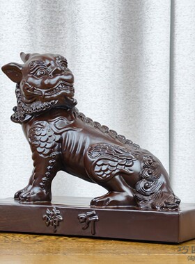 黑檀实木雕刻谛听神兽摆件九华山