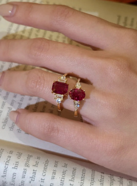 复古经典拟真红宝石公主方戒指鸽子蛋中国红轻奢镀金钻戒女指环