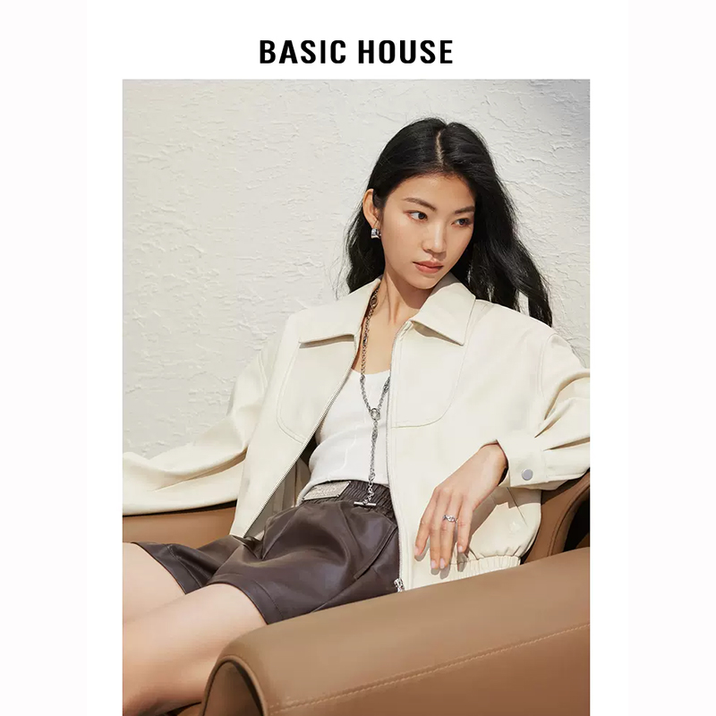 Basic House/百家好翻领帅气皮衣短款女新款春美式复古小个子外套-图3