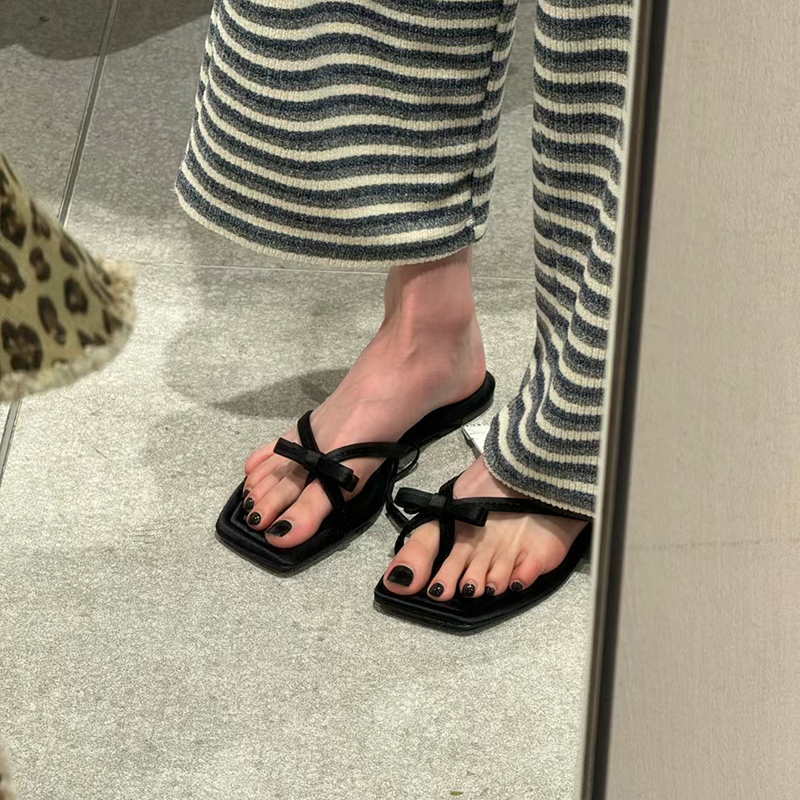 ZA2025夏季新款蝴蝶结夹趾平底拖鞋沙滩度假风凉拖鞋外穿人字拖鞋 - 图2