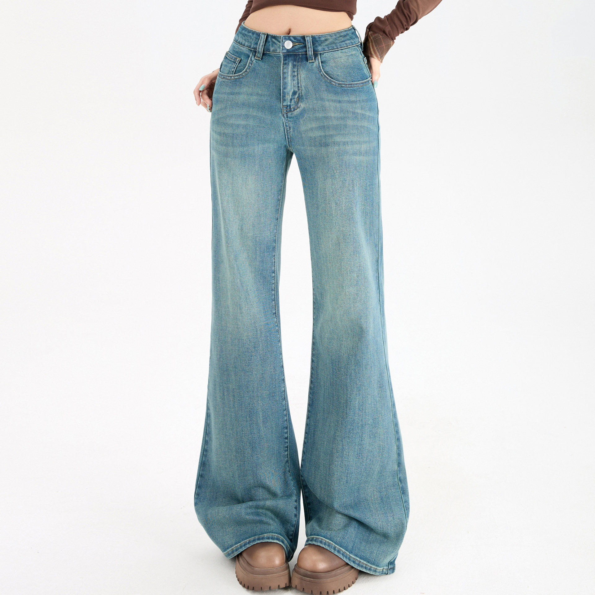 深蓝色不贴腿微喇牛仔裤女春秋梨形小个子高腰弹力显瘦宽松喇叭裤,淘宝优惠券,粉丝福利购,淘宝优惠卷