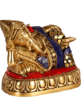 印度国际直邮手工制作Ganesha黄铜休息象头神雕像5英寸
