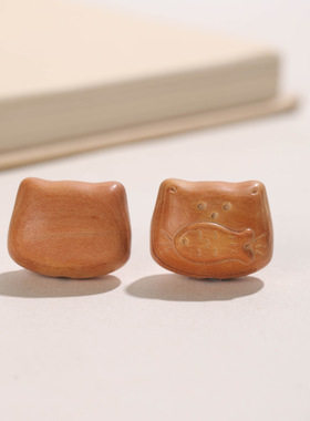 卡通小猫配饰桃木雕刻件散珠配件