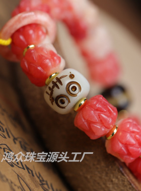 天然血色驼骨雕刻吞噬搭配朱砂流