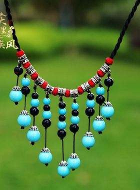 云南民族风松石项链女时尚夸张短款蓝红色水滴颈链锁骨链性感脖链