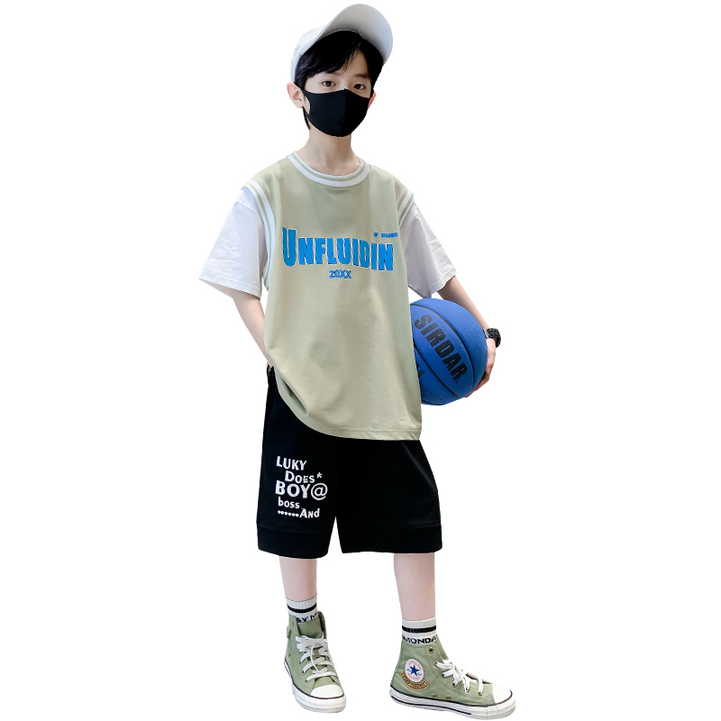 男童夏装套装中大儿童夏季纯棉假两件短袖运动篮球服炸街时髦男孩 - 图3