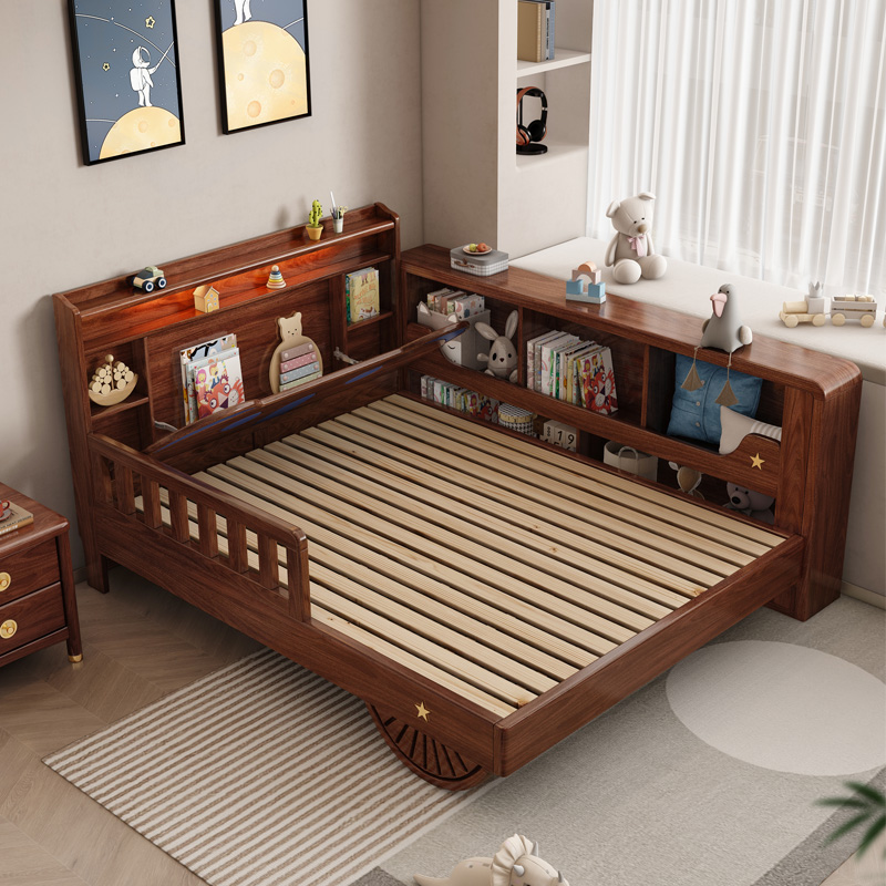 黑胡桃木实木儿童床男孩卧室床带灯护栏床1米2小户型单人床1米5床 - 图1