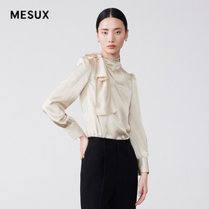 MESUX米岫新品珍珠缎面飘带泡泡袖复古长袖衬衫上衣女MKSUD508