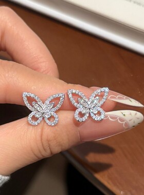 S925纯银莫桑钻幻影蝴蝶耳钉淑女气质百搭精致轻奢高级感耳饰礼物