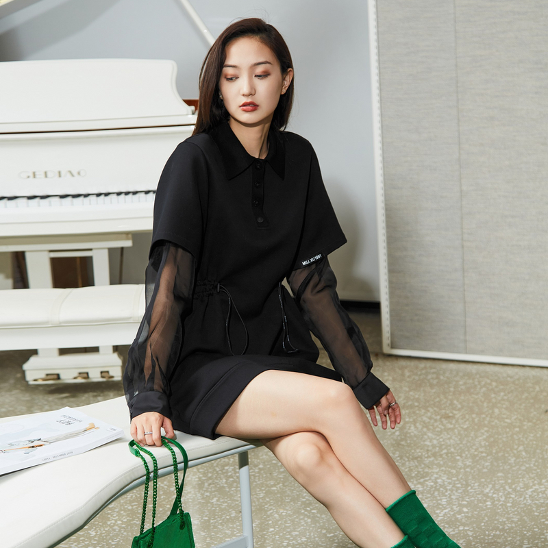 U/TI联名款黑色拼接空气层卫衣裙女设计感休闲裙尤缇时尚春季新款 - 图1