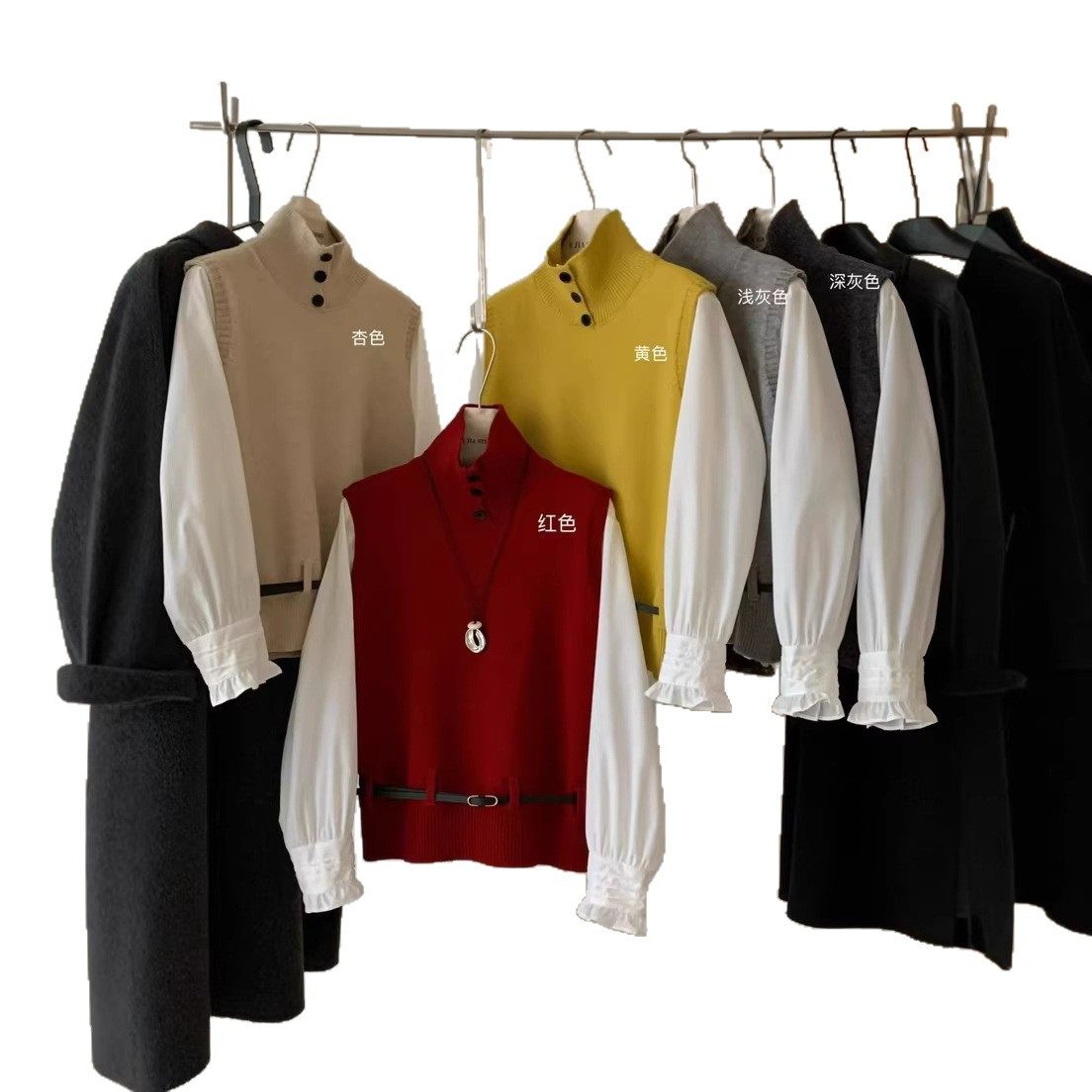 Y.JIA伊嘉早春法式高领针织马甲+叠穿长袖T恤两件套装女,淘宝优惠券,粉丝福利购,淘宝优惠卷