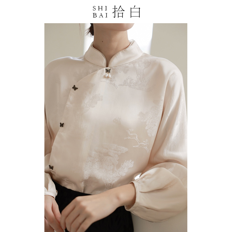 SHIBAI拾白原创新中式春秋精致感改良国风日常通勤人丝上衣衬衫女 - 图2
