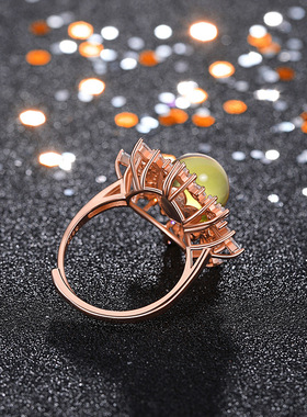 网红直播供货配饰玫瑰金指环镶嵌二代蓝珀圆珠雪花满钻琥珀戒指女