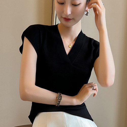 V领正肩短袖T恤女春夏新款修身性感收腰衬衫韩版显瘦露腰针织上衣 - 图2