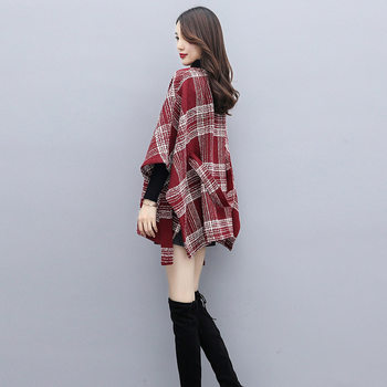 Papaya Milk Spring and Autumn New Style Korean Loose Large Size Bat Sleeve Cape Coat Plaid Woolen Jacket