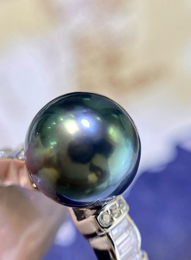 通体s925银 海水珍珠戒指   9-10mm海水大溪地黑珍珠