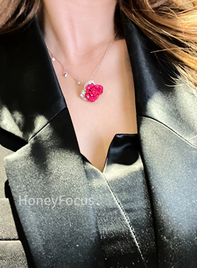 HONEY FOCUS红玫瑰项链 银色轻奢甜美公主风坠链均925银合成锆石