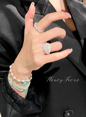 HONEY FOCUS银光璀璨戒指 银色轻奢时尚小众戒指 925银合成锆石