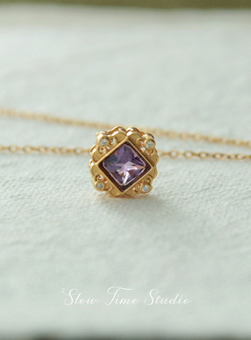 天然紫水晶方块项链女款S925纯银镀金复古轻奢原创设计
