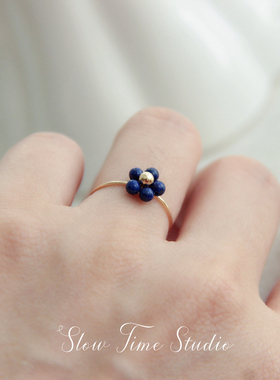 天然阿富汗青金石戒指少白少金小花朵原创设计美国包金不褪色指环