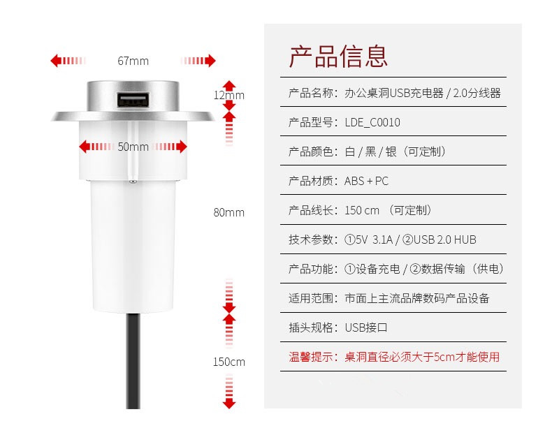 多功能桌面隐藏嵌入式USB充电器 家居沙发插座办公室桌面手机充电 - 图3