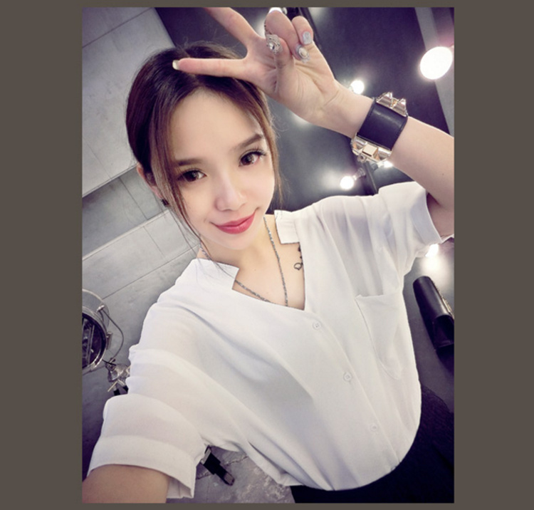 韩菲尔衬衫店白色雪纺衬衫女短袖夏季新款韩版宽松百搭V领上衣职业装春装0