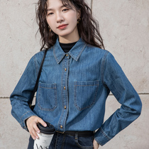 Dark Blue Retro Denim Shirt Woman glint with a lap of positive shoulder 2023 autumn winter new small subsoft blouse