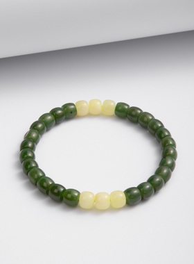 天然无优化俄罗斯七号矿碧玉菠菜绿精工归圆直切手串奶白蜜蜡