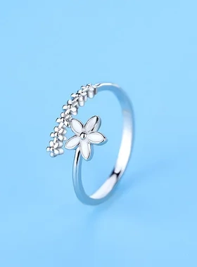 戒指银饰品滴釉白色小花森系时尚小清新开口韩版食指戒女花朵