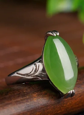 纯银925银玉石女戒戒指马眼镶嵌和田玉碧玉手饰复古绿色活口