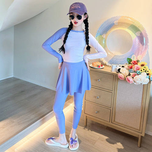 女童泳衣2026新款儿童长袖分体泳装中大童女孩海边度假防晒游泳衣 - 图0