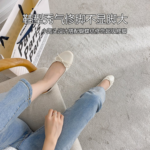 真皮蝴蝶结单鞋女春秋款软皮平跟芭蕾鞋小圆头平底鞋舒适软底女鞋 - 图2