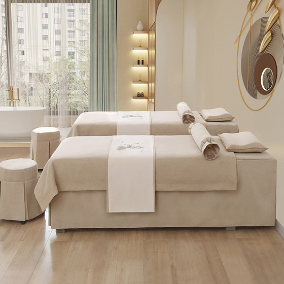 Four-piece cotton and linen beauty bedspread set, high-end light luxury beauty salon massage therapy shampoo bed cover, universal for all seasons