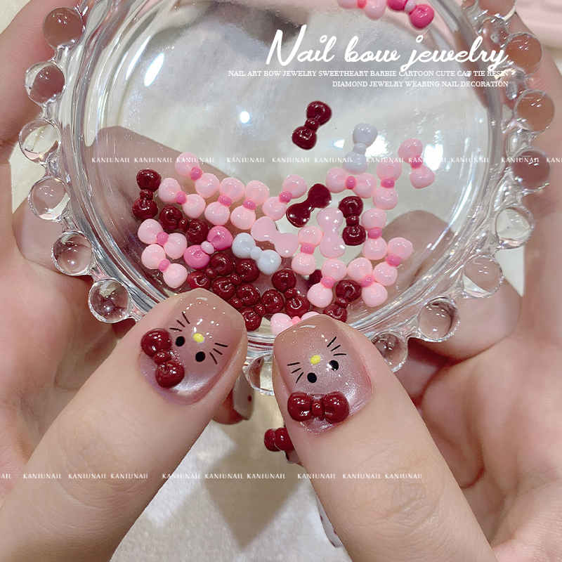 美甲蝴蝶结饰品甜心芭比卡通可爱猫猫领结树脂钻饰穿戴甲指甲装饰 - 图2